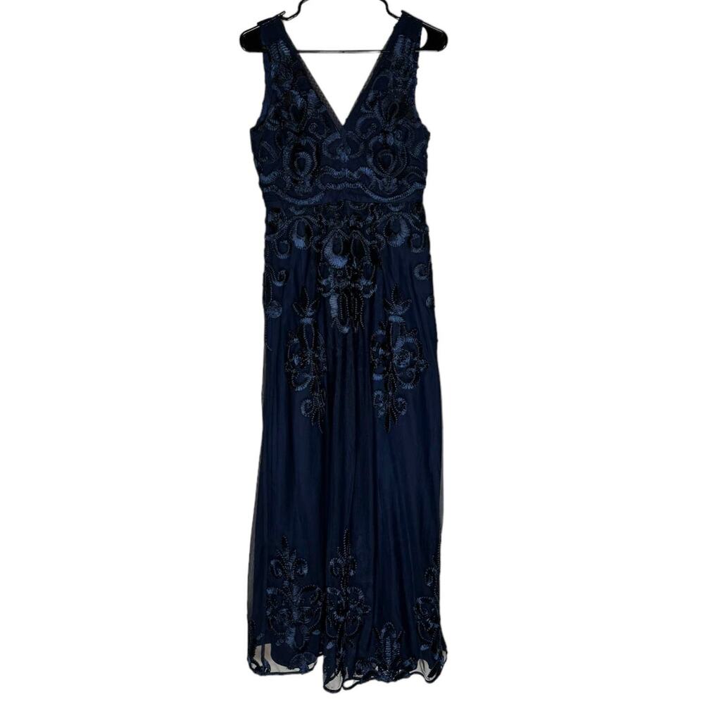 Belle‎ Badgley Mischka Formal Dress Sleeveless Ribbon Embroidery Navy US Size 6